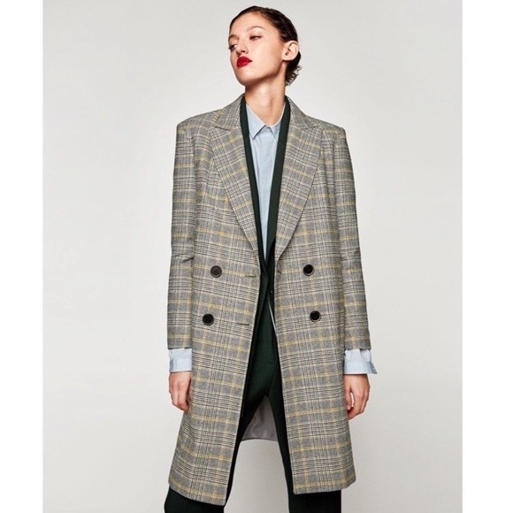 Zara Jackets & Blazers - Zara  Yellow grey check Checked Double Breasted Mid Length coat Size M
